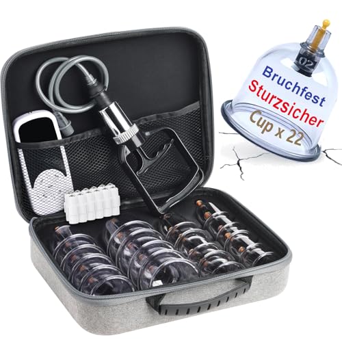 Schröpftherapie Set 22 Tassen, Große Größe V2.0 für Frauen Männer Vakuum Cup für Körper Muskel Rücken Schmerzlinderung Massage Saugen Cellulite Sauggerät Tasche DE-T02