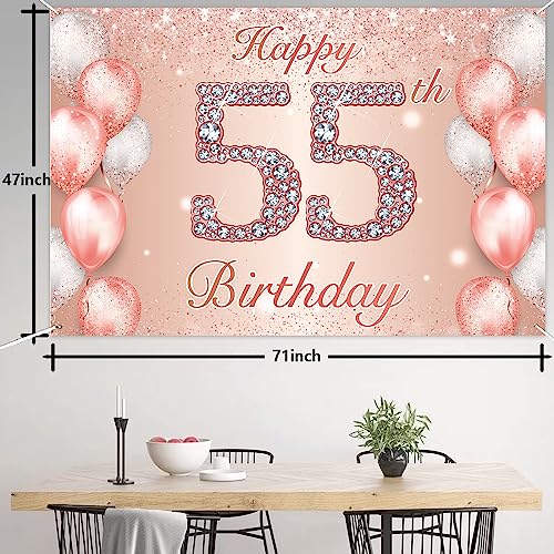 Image of Happy 55th Birthday Rose Gold Banner Cheers to 55 Years Old Backdrop Confetti Balloons Theme Decor for Women 55 Years Old Pink Birthday Party Decorations Bday Supplies Background Favors Gift Glitter