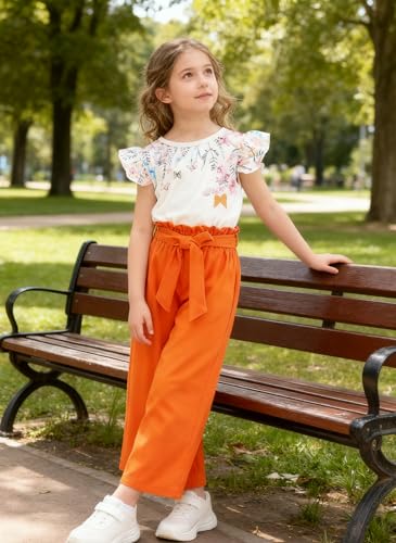 Image of Toddler Kid Girl Clothes Casual Ruffle Sleeve Floral Printed Top Solid Pants with Belt 3PC Outfit Set
