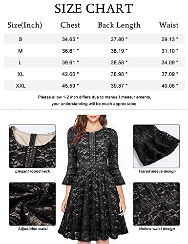 Women Retro Elegant Black Lace Dress Formal Swing Dress Black Large - Thumbnail 6