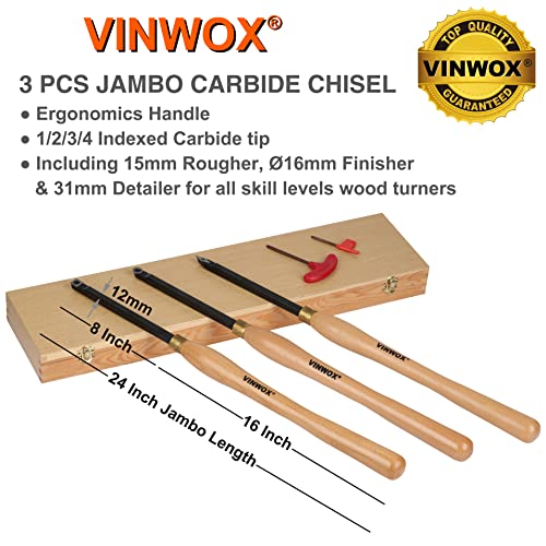 Vinwox 24” Pro Full Size Heavy Duty 3 Pcs Carbide Wood Lathe Turning Tool Set, Carbide Wood Lathe Chisel Set, Carbide Lathe Turning Tool #TOP1