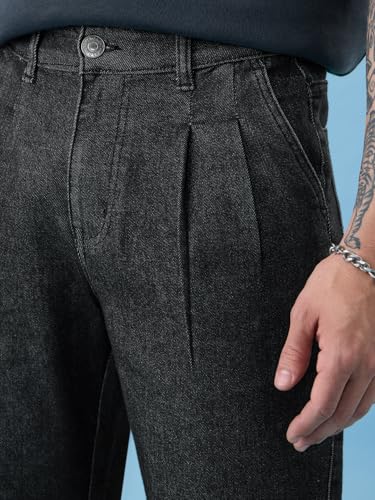 Image of The Souled Store Pleated Denim: Charcoal Men and Boys Zip Fly Washed Cotton Spandex Lightweight Stretchable Everyday Pleated Front Straight Fit Denim Jeans