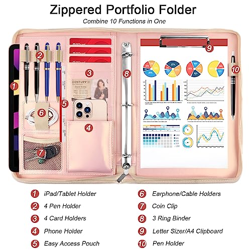 Yhmhog Portfolio Binder Organizer With Handle, Zippered Padfolio Writing Pad Legal Size Notebook Business Folder Resume Interview For Men Women, Black (Rose Gold) #TOP1