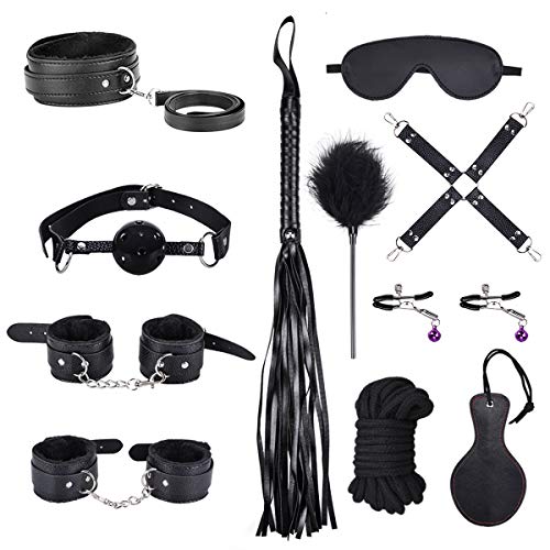 Kits de bondage 11 Pièces Ensemble de Bundles, Débutants Fétiche SM Set en Cuir, Ensemble de Jouets Sexuels Érotiques Bondage pour Adultes Couple avec Menottes Masque pour Les Yeux Laisse (Noir)
