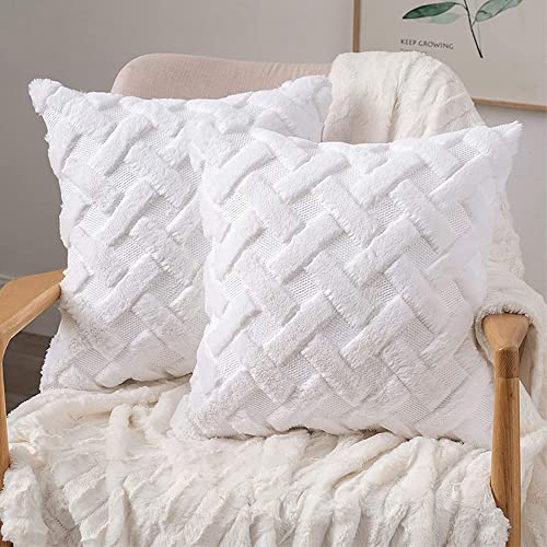 ABWXN Wolle Kissenbezüge 45x45 cm Kissenbezug Weich Kurzen Plüsch Kissenhüllen,Sofakissen Couchkisen Zierkissenbezüge für Sofa Couch Schlafzimmer Wohnzimmer - Weiß/ 2Stück Cover