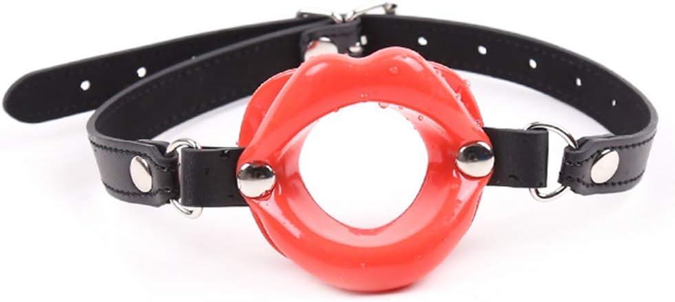 ieyol Leather Buckle Adjustable Belt Lip Shape Bite Ball Open Breathable Costume Accessory (Red)