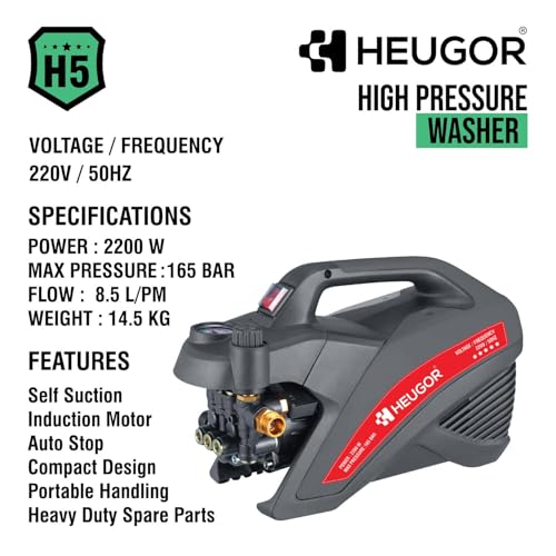 Image of H5 2200W High Pressure Car Washer, 165 Bar, 8.5L /Min, Induction Motor with Thermal Cutoff, 8M Steel-Reinforced Hose, Rotary Nozzle, Portable for Bike & Home Cleaning, 1-Year Warranty