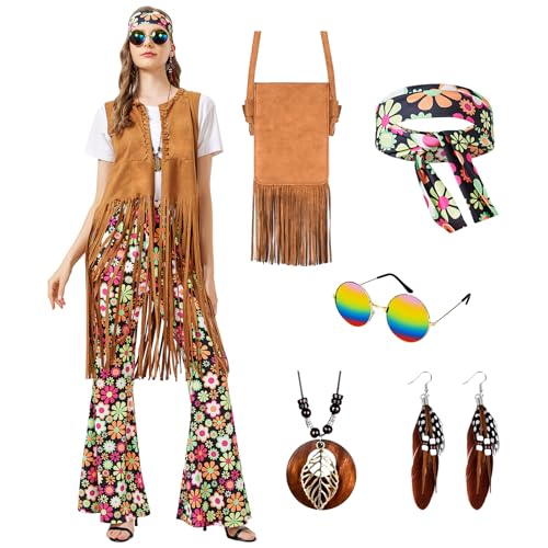 Joellfuner Costume Hippie Donna anni 70, Vestiti Carnevale Donna, Accessori Hippie Donna, Abito anni '60 per donna anni '70, abbigliamento da donna per feste boho hippie (Colorato, L)