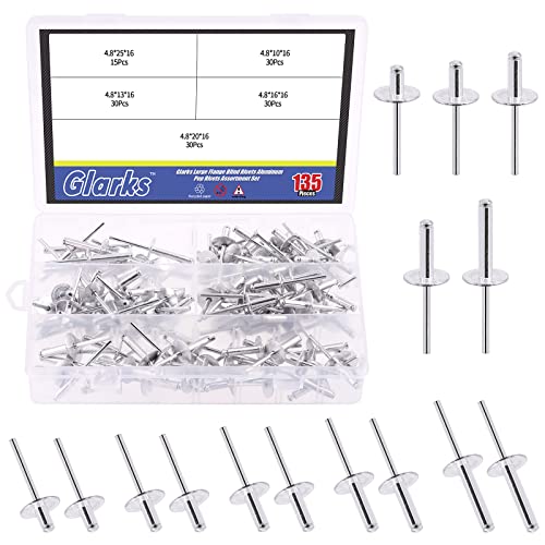 Glarks Set di 135 rivetti ciechi con flangia grande, 1/2 '' / 5/8 '' / 3/4'' / 1'' / 1 '' / 1 '' / 1 '' / 1 '' / 5 Szie Pop rivetti in alluminio