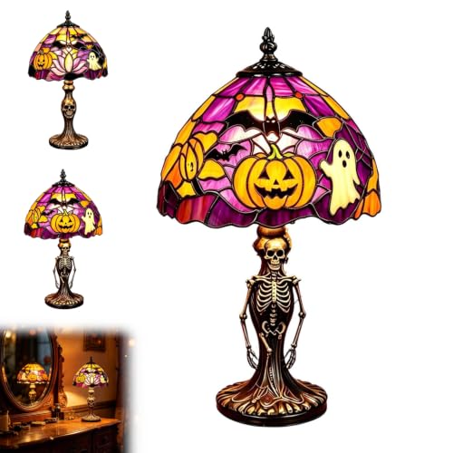 Handcrafted Resin Stained Glass Night Light Gothic Bat and Pumpkin Glow Lamp Vintage Decorative Table Lamp for Bedroom Bookshelf and Halloween Seasonal Decor (Orange)