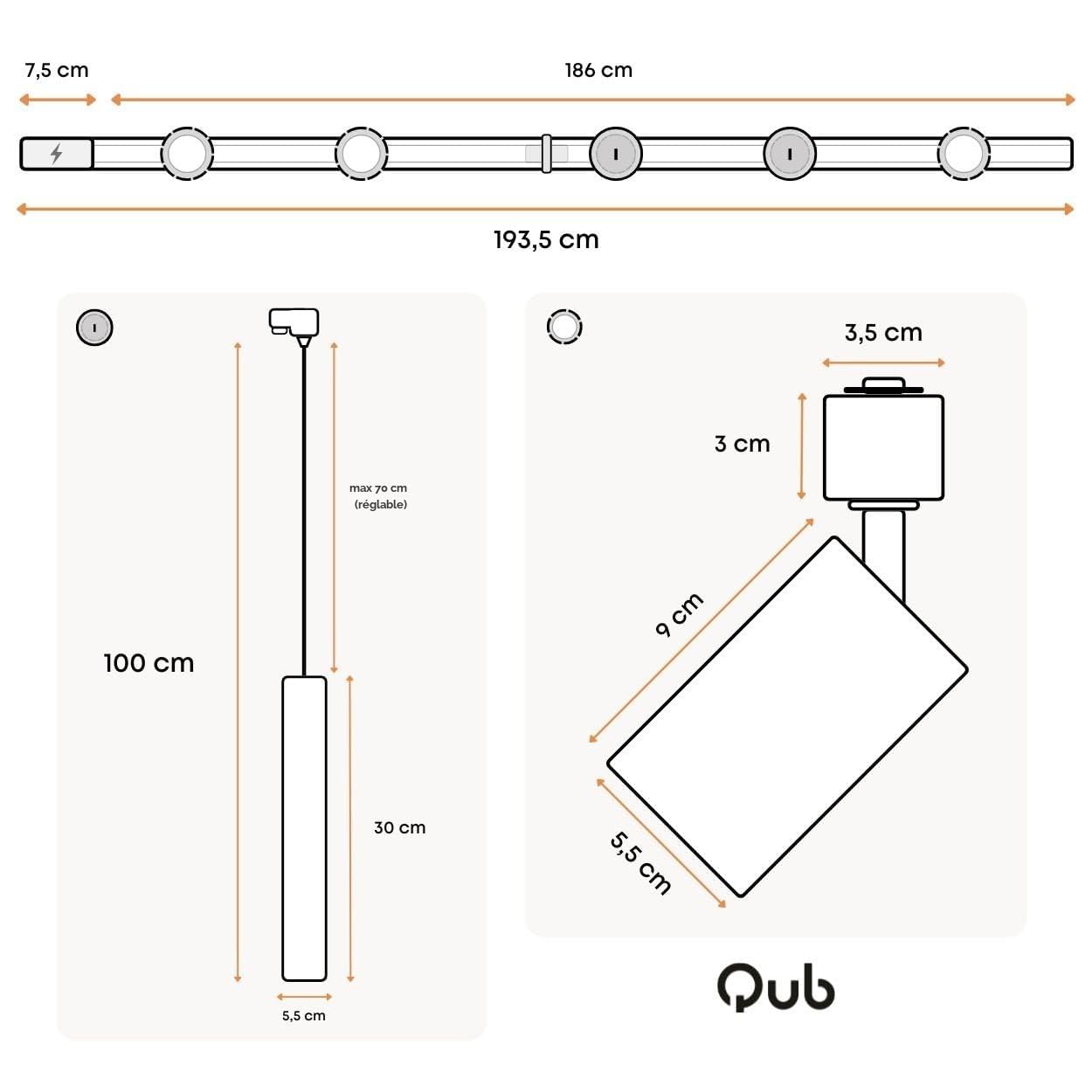 Qub Focus III Monophasé Luminaire Plafonnier Kit Complet – 200cm - Set 3 Spot & 2 Suspension Luminaire - 2x 1m Barre de Spot Plafond – I-Form - GU10 & LED Compatible Plafonnier intérieur BlancModerne