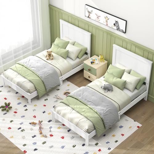 Image of GIANTEX Wood Twin Bed Frames with Headboard, Mid Century Platform Bed Frame with Solid Wood Legs & Wooden Slat Support, Twin Bed Frames for Kids Adults, White Bed