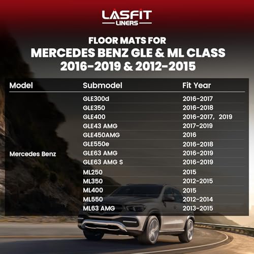 Image of LASFIT Floor Mats for Mercedes Benz GLE 2016-2019 & ML Class 2012-2015 | Fit for GLE & ML 350 /400 /63 AMG S, All Weather TPE Non-Slip Easy to Wash, 1st & 2nd Row Car Mats, Black