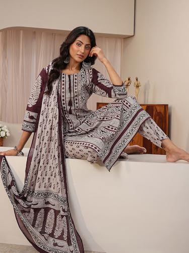 Image of Libas Printed Cotton Straight Kurta With Trouser and Dupatta | daily wear suit