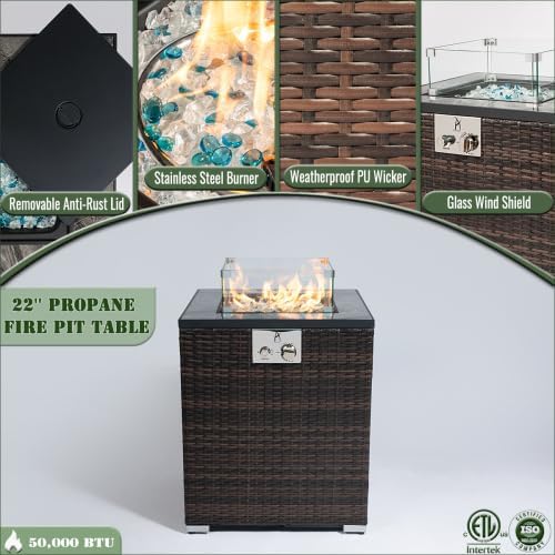 22" Propane Gas Fire Pit Table, 50000 BTU Square Steel Fire Pit with Beautiful Wicker Base for Outside Patio Deck Garden Backyard-Black