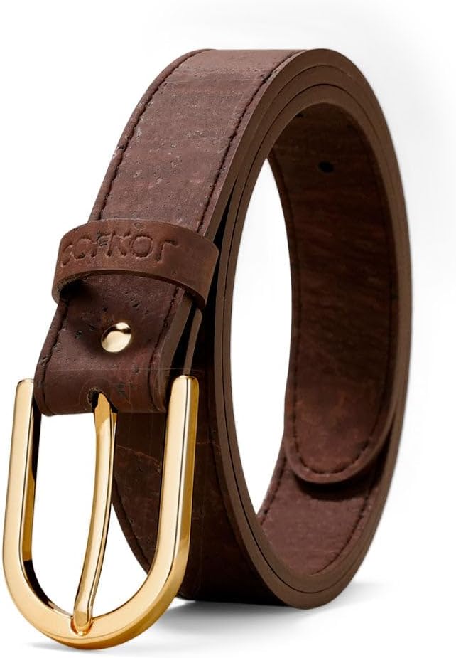 Corkor Women's Cork Belt 1 1/8" – Brown or Black Strap with Silver or Gold Nickel-Free Buckle, Vegan, Lightweight