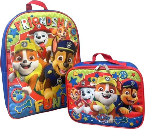 Ruz Kids Licensed School Backpack with Lunch Box Set. Two Piece 15” Book Bag and Lunch Box Bundle (Paw Patrol Blue-Red), Large