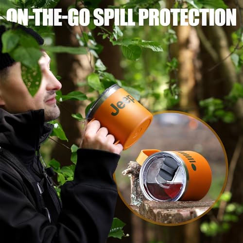 Jeep Stainless Steel Camper Mug 14oz with FREE Sticker Pack - Double Wall Copper Insulated for Hot & Cold Drinks, Powder Coated, Splash Resistant Lid (Orange) - Image 5