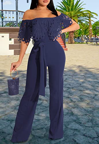 Fairbeauty Women's Off Shoulder Lace Ruffles Sleeves Jumpsuits Elegant Wide Leg Jumpsuits One Piece Long Pants Rompers With Belt #TOP4