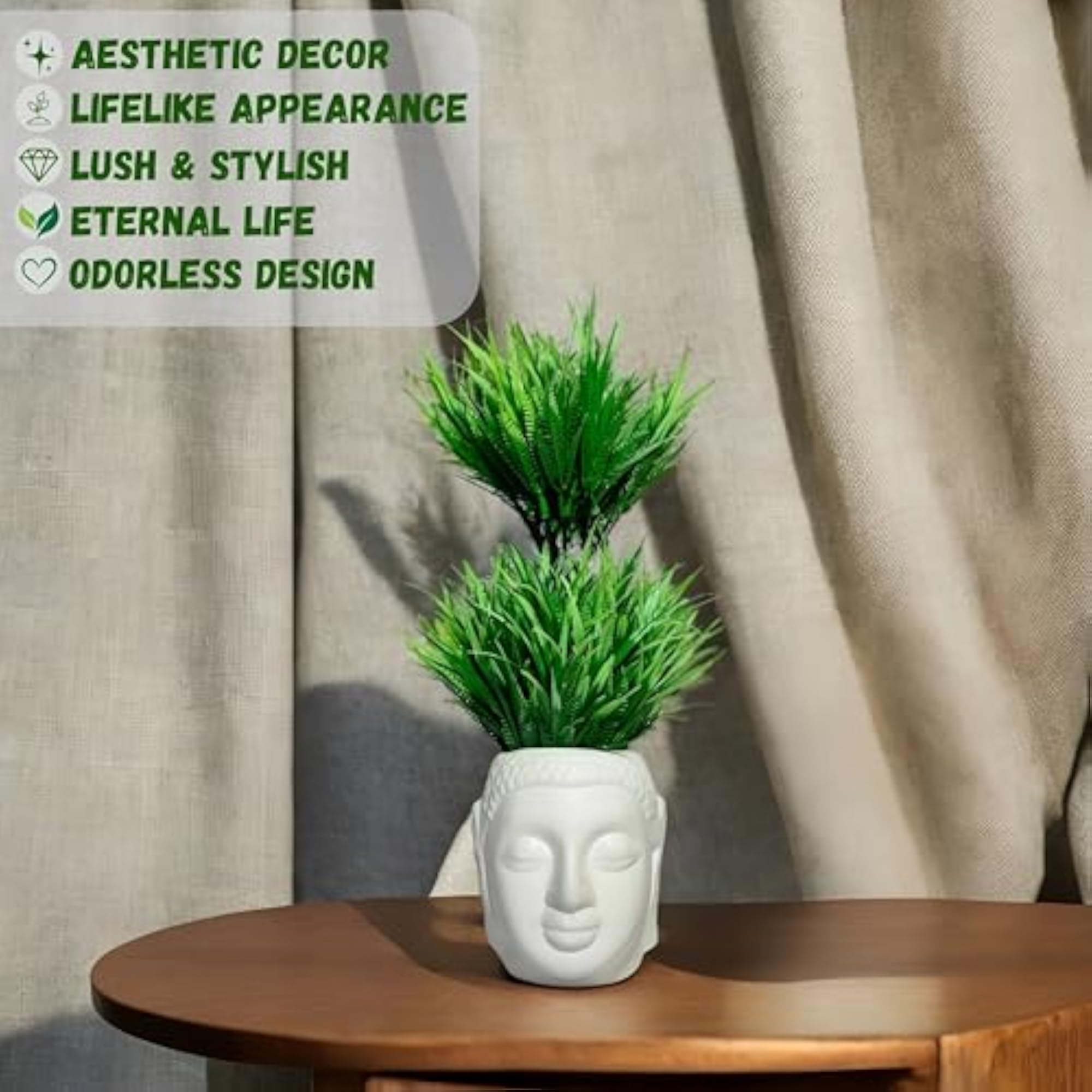 Artificial Plant with Buddha Face Pot, Faux Grass Decor