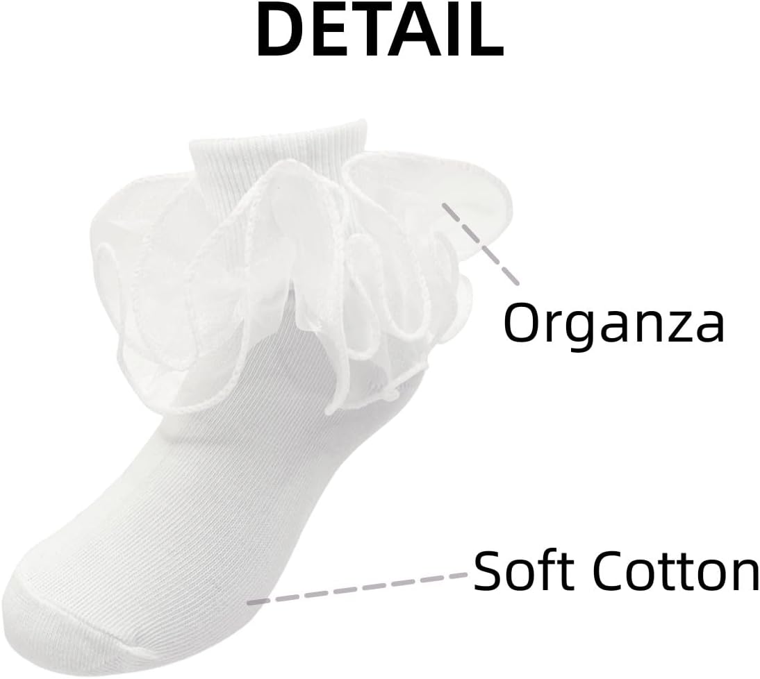 2 Pairs Girls Ruffle Socks Double Lace Frilly Dress Socks White Lace Princess Socks for Toddler Little Girls - Image 4