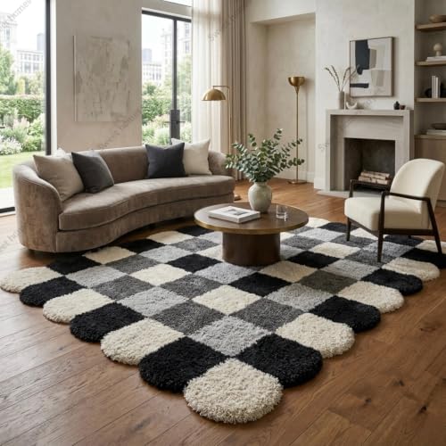 Image of SWEET HOMES Luxury Abstract Shag Rug, Thick Soft Square Area Carpet for Living Room, Bedroom, 4 x 4 Feet (122 x 122 cm), Grey & Ivory