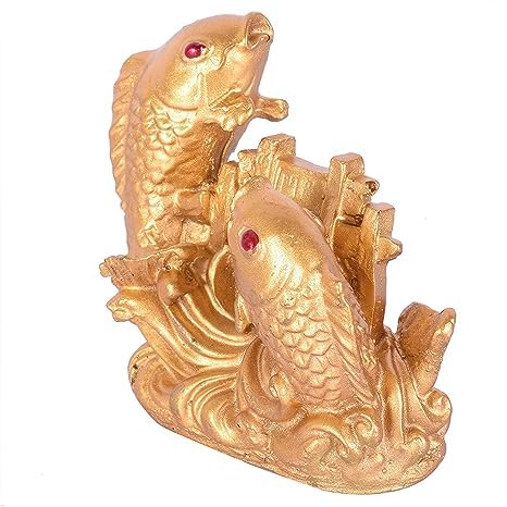 DEVKRITI Polyresin Feng Shui Double Fish Figurine (7.5X 7.5X 2.5 cm, Gold)