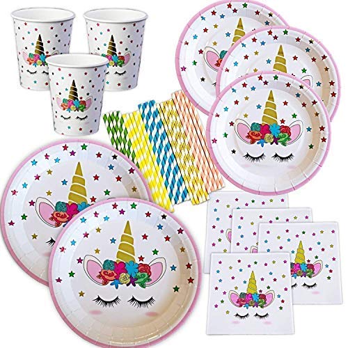 Unicorn Plates, Napkins and Cups with Gold Foil Serves 24; 24 Dinner Plates 24 Dessert Plates 25 Luncheon Napkins and 24 Cups and Straws for Birthday Party Supplies Baby Shower Decorations!