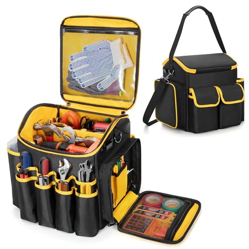 Marscamd Tool Bag with a Detachable Divider and Shoulder Strap, Heavy Duty Tool Tote with Multiple Pockets, Black