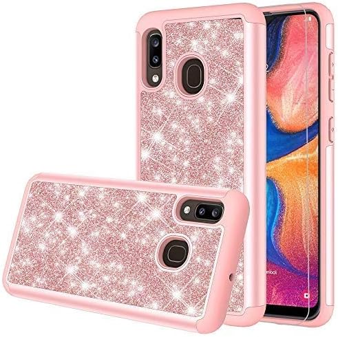 Galaxy A20/A30/A50 Case w[Tempered Glass Screen Protector] Girls Women Glitter Bling Sparkle Defender Heavy Duty Protective Phone Cover Cases Compatible Samsung for Galaxy A20/A30/A205U - Rose Gold