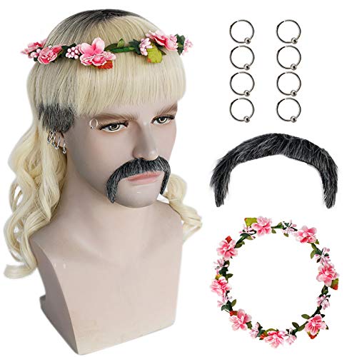 ANOGOL Wig + ( 1 Wreath Floral + 8 Earrings + 1 Mustache ) Blonde Wig Men Ombre Black Wig for 80s Men Syntghetic Wig Cosplay Long Wavy Wig