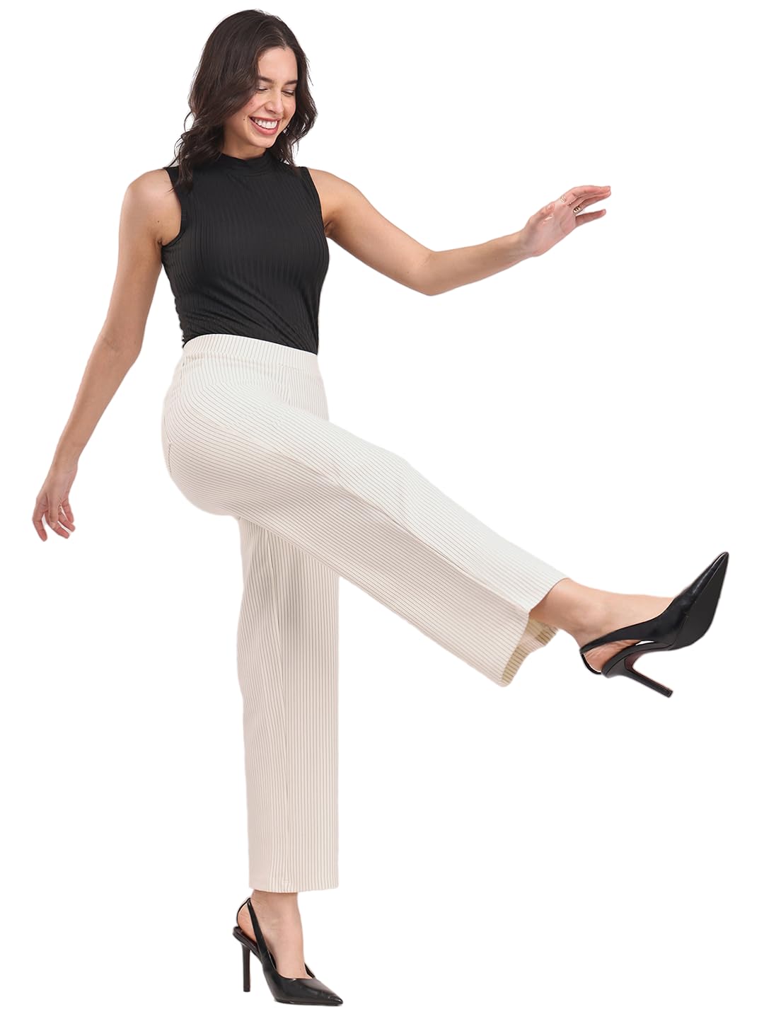 FableStreet Women’s Formal Trousers | High-Rise Striped Wide-Leg Design | Ankle-Length Flat Front with Patch Pockets | Elegant Office Wear for Business Meetings| Ivory