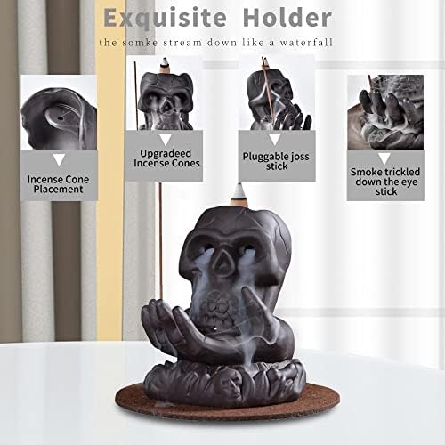 Skull Backflow Incense Burner Ceramic Waterfall Incense Holder with 20 Upgraded Incense Cones 30 Incense Sticks for Aromatherapy Yoga Meditation Home Decor
