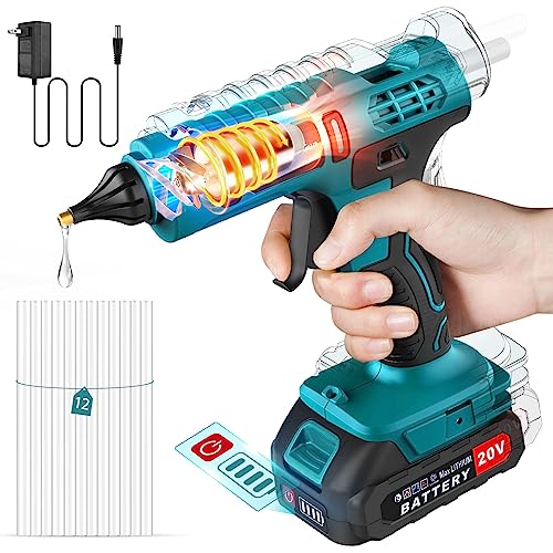 100W Cordless Hot Glue Gun and Sticks Set with Battery and Charger, 20V Full Size Glue Gun Cordless & Rechargeable, Wireless Battery Powered Hot Glue Gun with 12pcs Glue Sticks for Crafts (Green)
