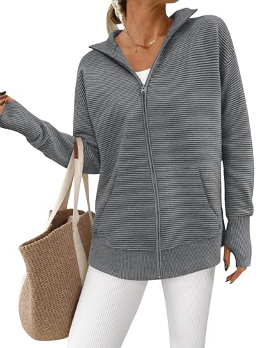 Image of PRETTYGARDEN Womens Long Sleeve Zip Up Ribbed Cardigan Sweaters