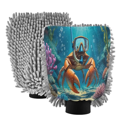 STAYTOP Diving Crabs Car Wash Mitt Microfiber, 2Pcs Scratch Free Lint-Free, Premium Chenille Microfiber Mitt Car Wash Brush-L
