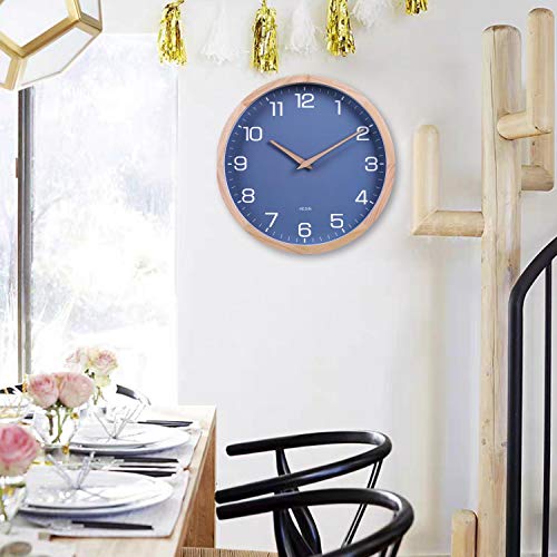 Kesin 12 Inches Wood Blue Wall Clock Silent Round Modern Wall Clocks Battery Operated With Large Numbers & Hd Glass Decorative Home Kitchen Living Room Bedroom Kid's Room Office #TOP6