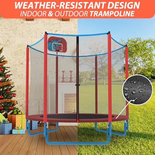 66'' Mini Trampoline for Kids with Enclosure & Basketball Hoop, 5.5FT No-Gap Toddler Trampoline for Indoor & Outdoor Use, 600LBS Capacity, Ideal Gift for Boys & Girls