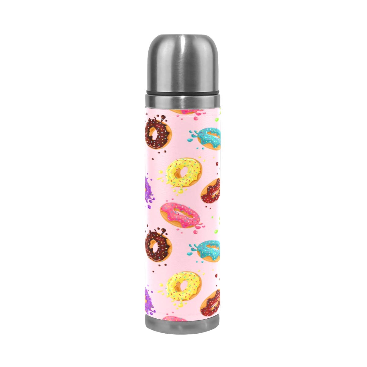Taza de viaje aislada al vacío de acero inoxidable con doble pared a prueba de fugas, botella de color rosquilla personalizada impresa en cuero genuino envuelta termo termo termo 500 ml