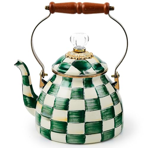Image of MACKENZIE-CHILDS Tea Kettle, 2 Quarts, Green-and-White Emerald Check