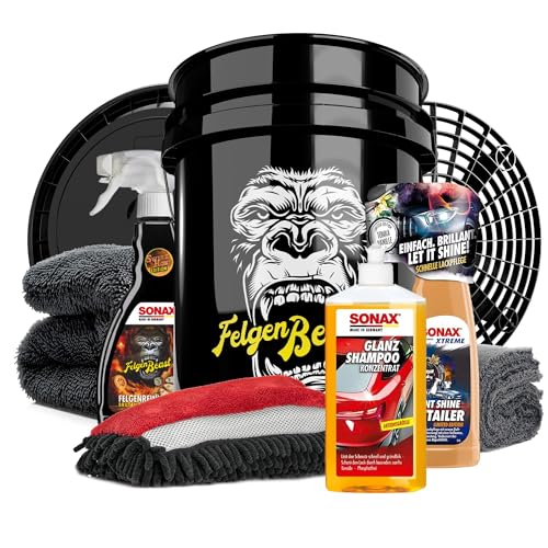 Autowäsche Set - SONAX: Autoshampoo Glanz Shampoo Konzentrat - Magic Bucket SONAX Felgenbeast Wascheimer mit Deckel & Schmutzfalle, Waschhandschuh mit Insekten Mesh - Autoreinigungsset Aussen