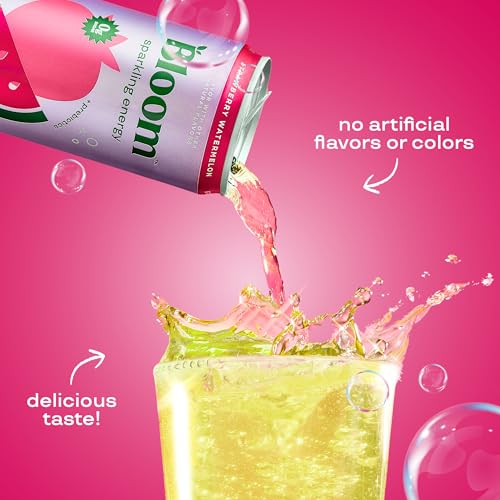 Image of Bloom Nutrition Sparkling Energy Drink, Zero Sugar, 180mg Caffeine | Strawberry Watermelon | 12oz | 24 Pack | Antioxidant-Rich