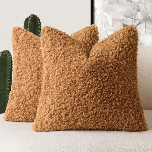 Image of Foindtower 2 Pieces 24x24 Inch Orange, Faux Fur Throw Pillow Cover Accent Sherpa Furry Pillow Covers Fuzzy Soft Pillowcases Cozy Sheepskin Decorative Fleece Cushion Case for Bed Couch Living Room