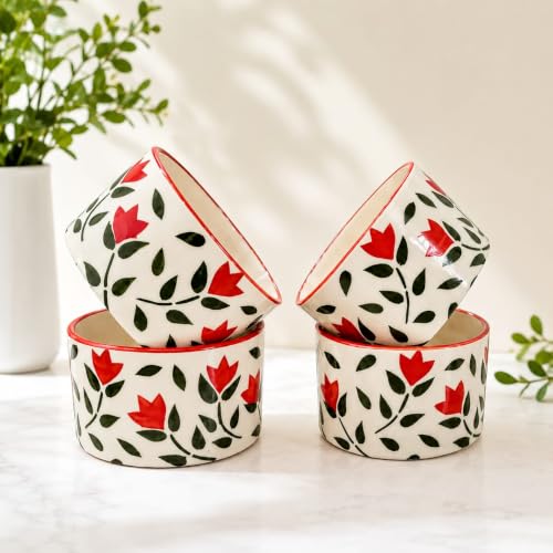 Image of Niyara Stoneware Handmade Ceramic Stylish Premium Bowls Serving Bowls Microwave Dishwasher Safe (red Leaf Small Bowls)