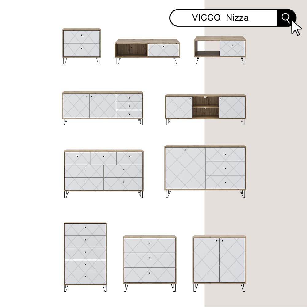 Vicco Mesa de Centro Nizza, Roble Artesanal, 90.2 x 59.4 cm | con compartimento abierto y cajón, para usar como superficie de apoyo junto a la cama