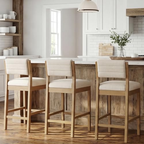 Image of CIMOTA 26 inch H Counter Height Bar Stools Set of 3, Wooden Bar Stools with Backrest, Linen Upholstered Kitchen Island Stools, 330LBS Load Bar Chairs for Kitchen, Cafe, Restaurant
