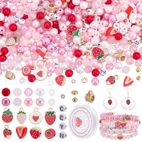 PH PandaHall 1600pcs Strawberry Beads for Jewelry Making, Pink Acrylic Beads Strawberry Alloy Enamel Charms Round Gold Spacer Bead for Stackable Friendship Bracelets Necklace Making Gift