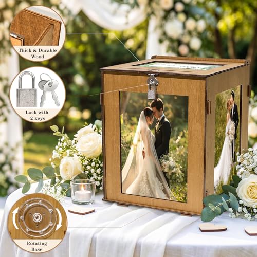 Image of OurWarm Wooden Wedding Card Box with Picture Frame, Large Gift Card Box for Wedding Reception, Rotatable Envelope Money Card Box for Party Graduation Birthday Baby Shower Wedding Decorations