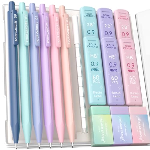 Four Candies 6PCS Cute Mechanical Pencil Set with 372 Leads & Erasers, 0.9 mm Bold Point, Pencils Mechanical with 360PCS (HB & 2B) Lead Refills & 12PCS Erasers & Storage Case for Writing & Drawing