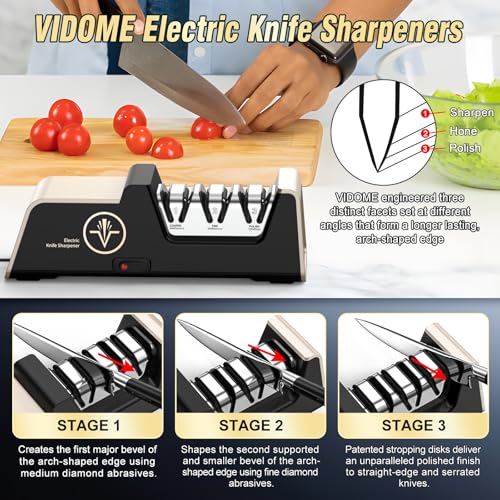Image of VIDOME Professional Electric Knife Sharpener, Champagne Gold | 100% Diamond Abrasives, 3-Stage Precision Angle Guides, For Kitchen Straight Edge Knives, For Ceramic Knives
